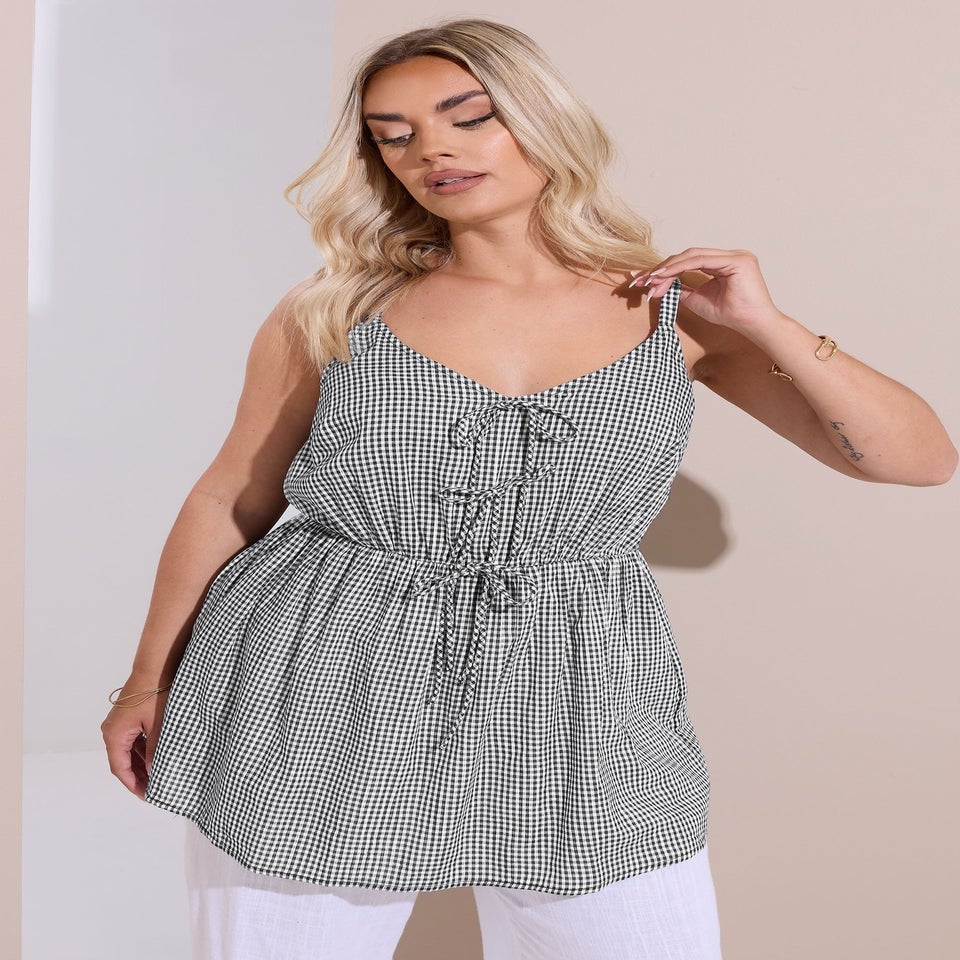 Yours Curve Black & White Gingham Tie Front Cami Top