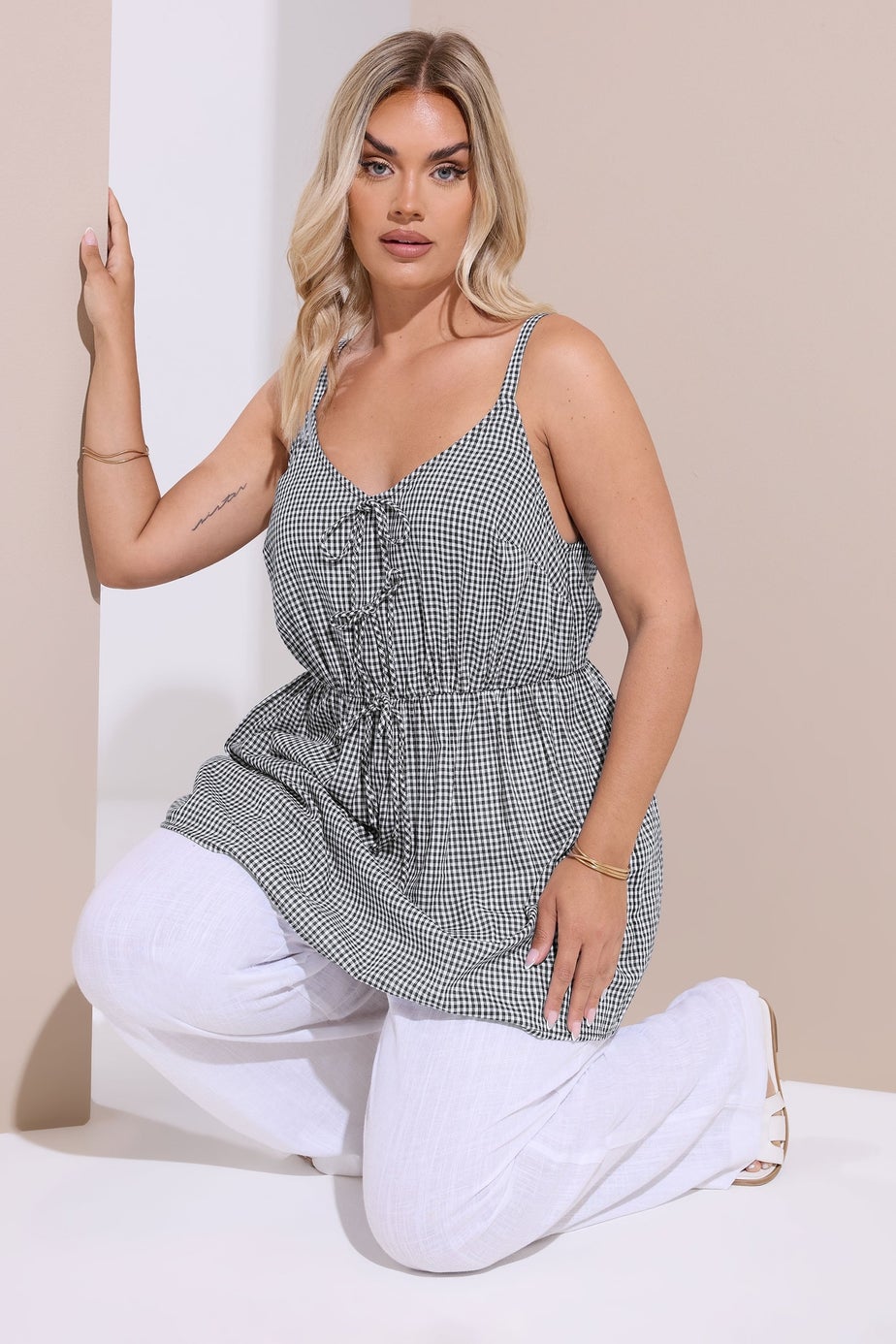 Yours Curve Black & White Gingham Tie Front Cami Top