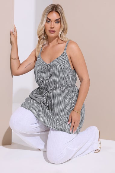 Yours Curve Black & White Gingham Tie Front Cami Top