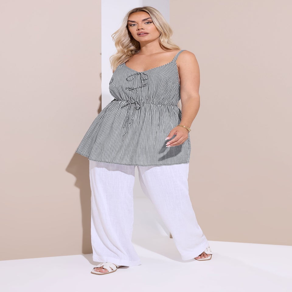 Yours Curve Black & White Gingham Tie Front Cami Top