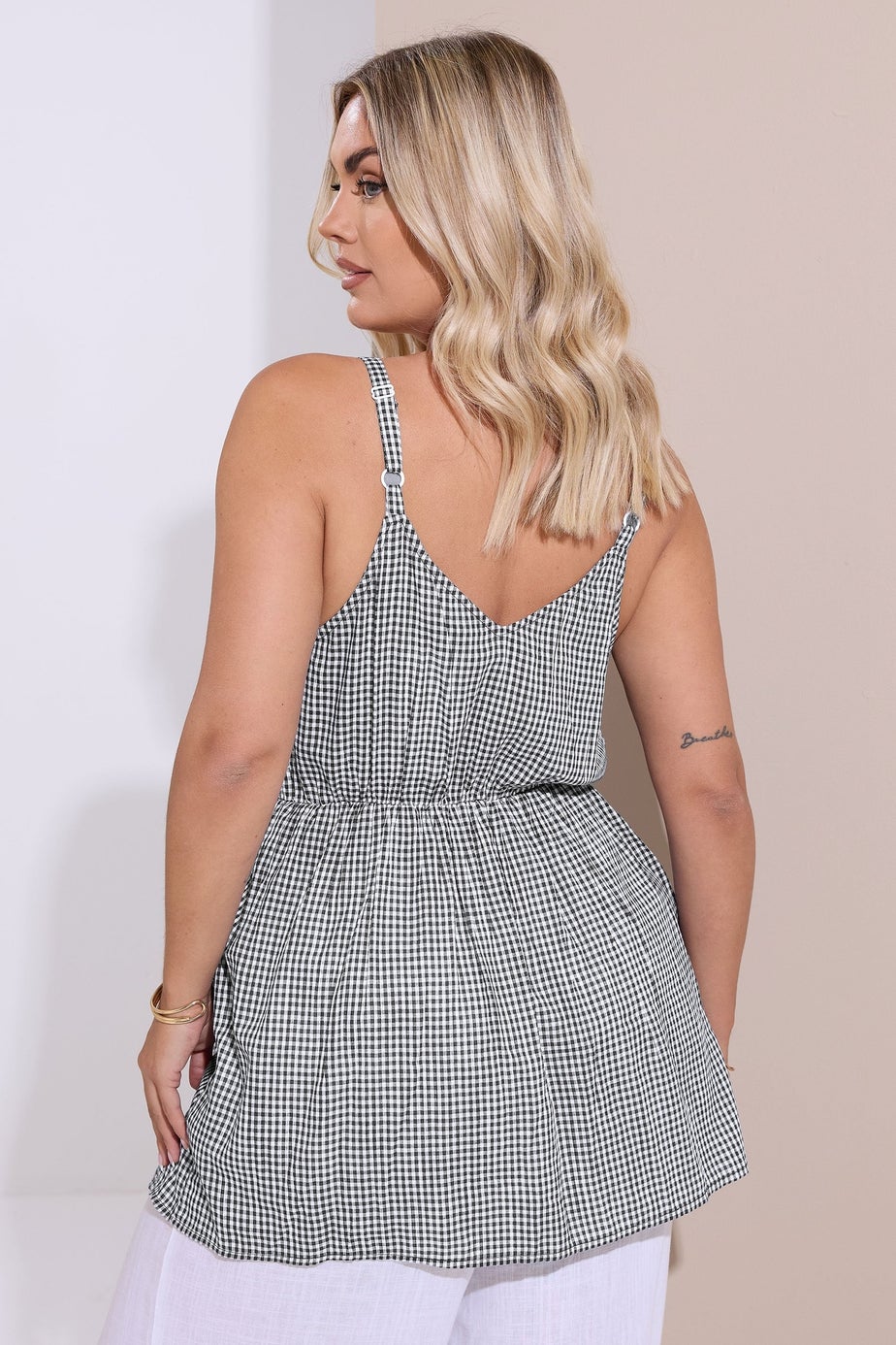Yours Curve Black & White Gingham Tie Front Cami Top