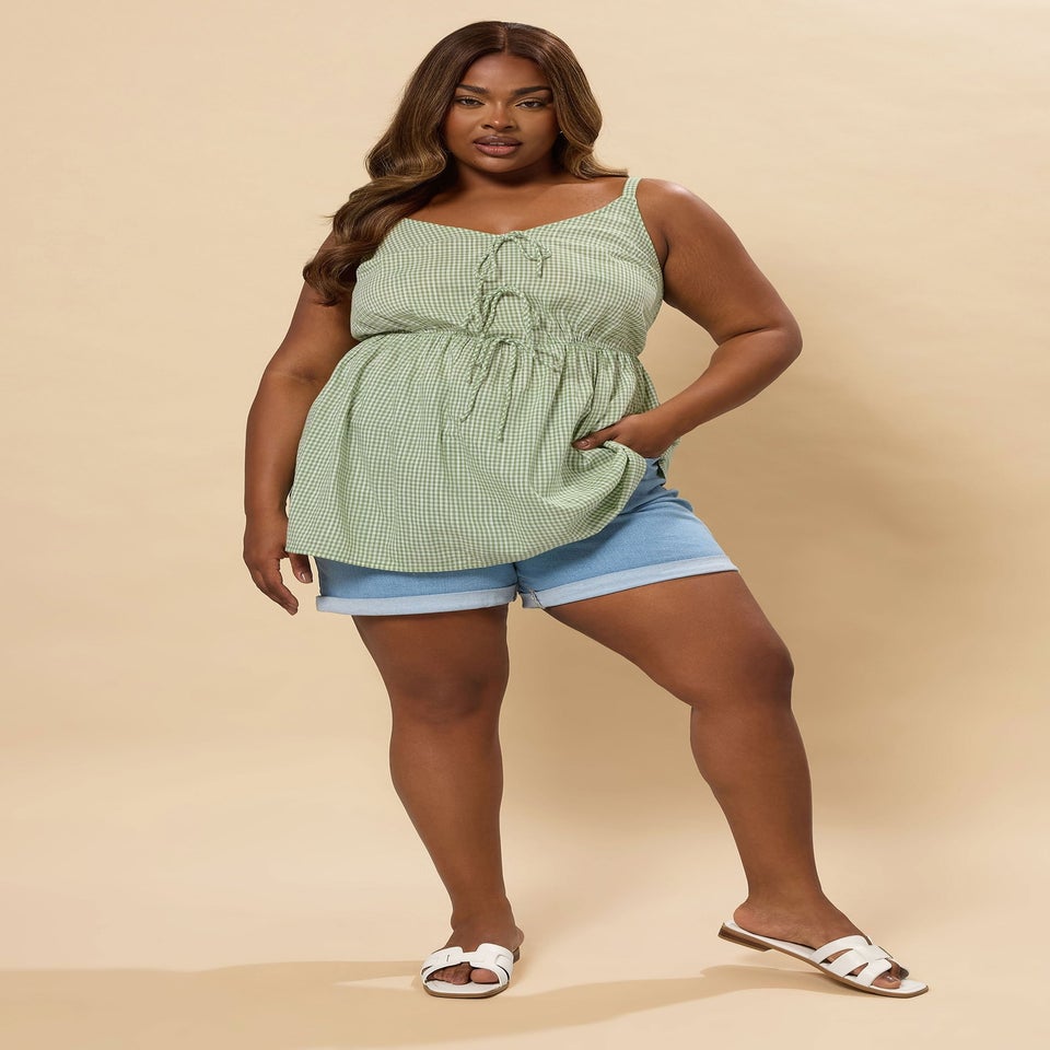 Yours Curve Sage Green Gingham Tie Front Cami Top