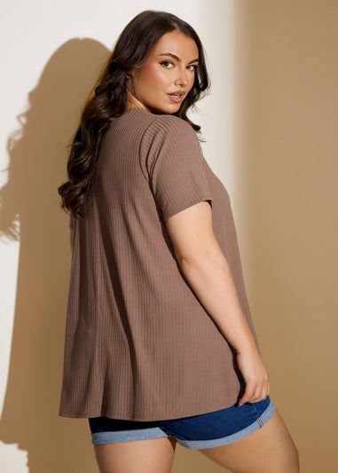 Yours Curve Mocha Brown Button Front Ribbed Swing Top