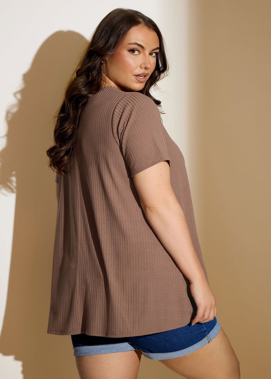 Yours Curve Mocha Brown Button Front Ribbed Swing Top
