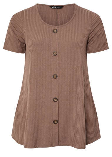 Yours Curve Mocha Brown Button Front Ribbed Swing Top