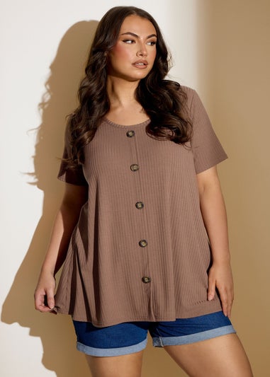 Yours Curve Mocha Brown Button Front Ribbed Swing Top