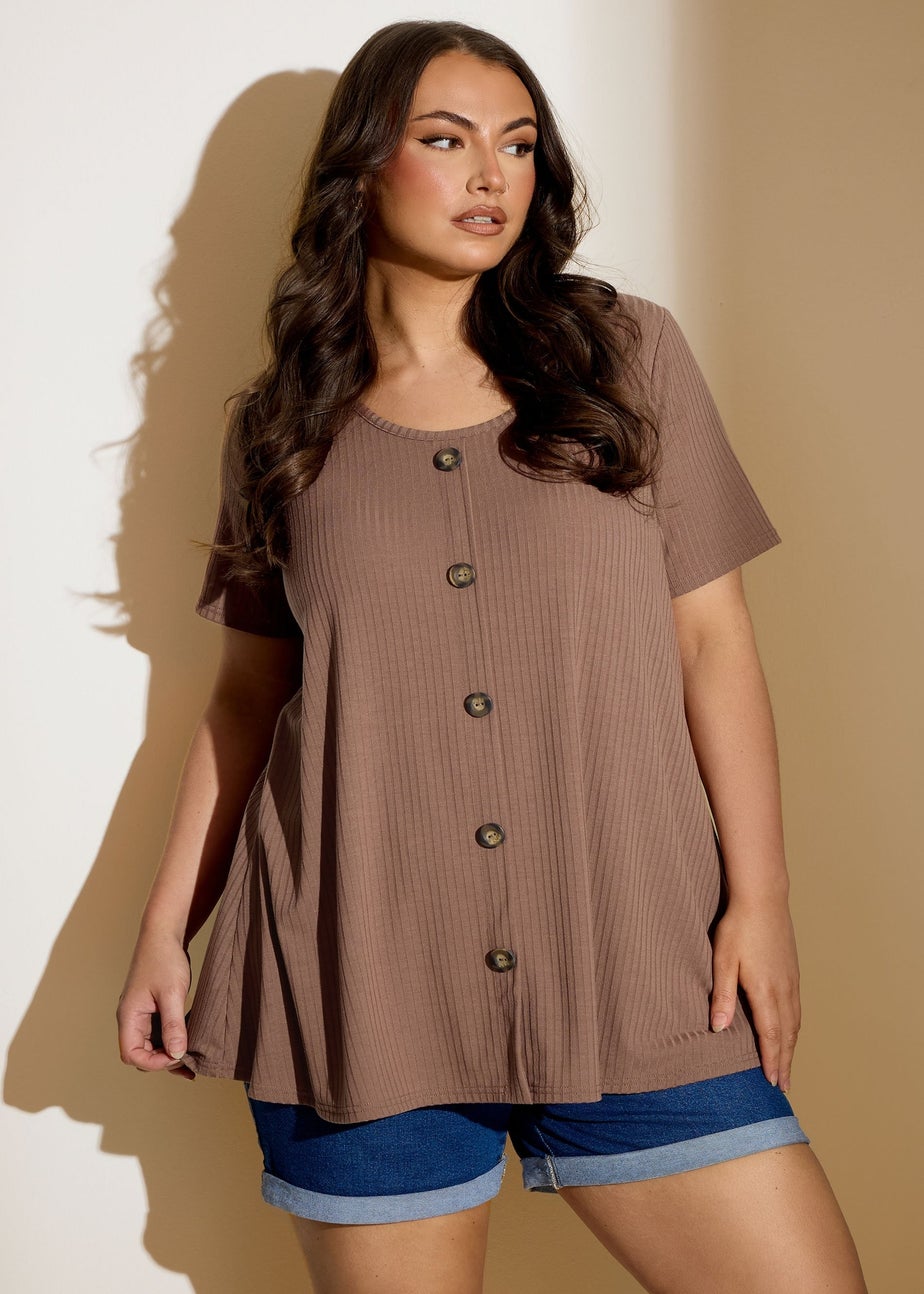 Yours Curve Mocha Brown Button Front Ribbed Swing Top