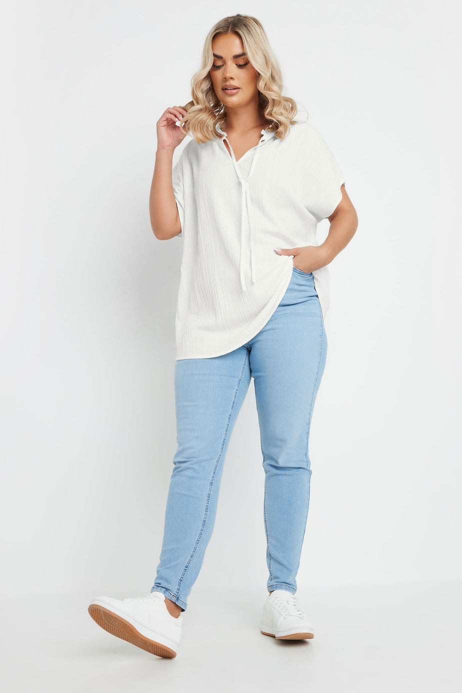 Yours Curve Cream Textured Frill Neck Top