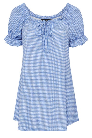 Yours Curve Blue & White Gingham Textured Frill Top