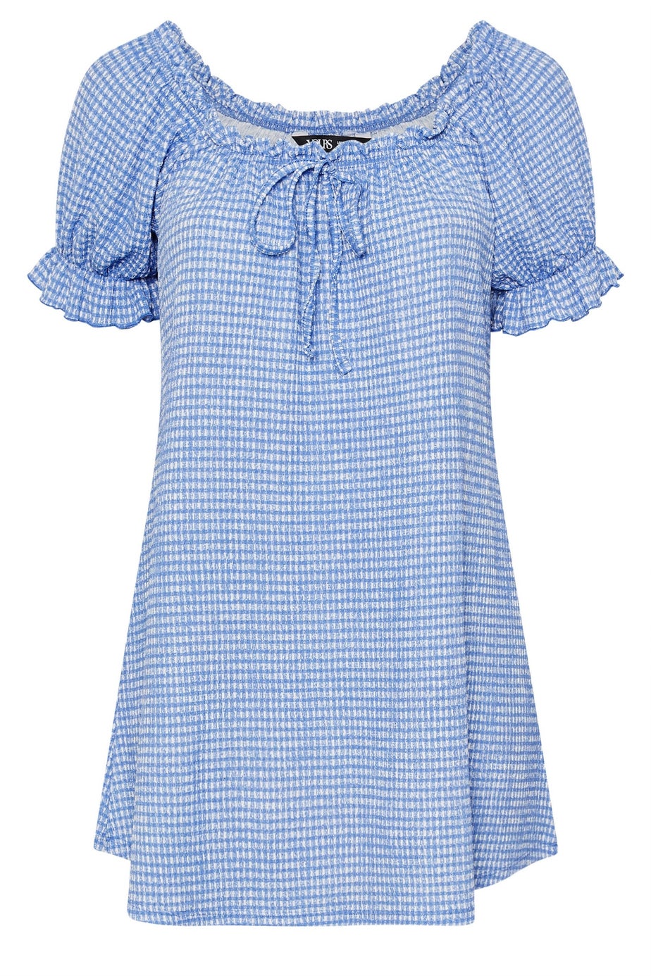 Yours Curve Blue & White Gingham Textured Frill Top