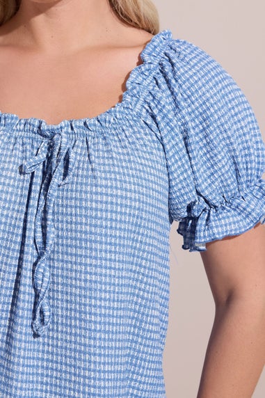 Yours Curve Blue & White Gingham Textured Frill Top