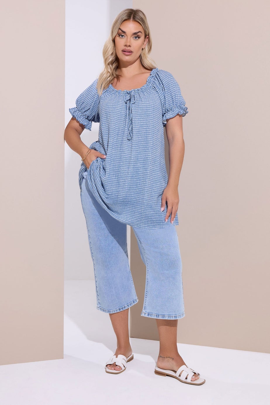 Yours Curve Blue & White Gingham Textured Frill Top