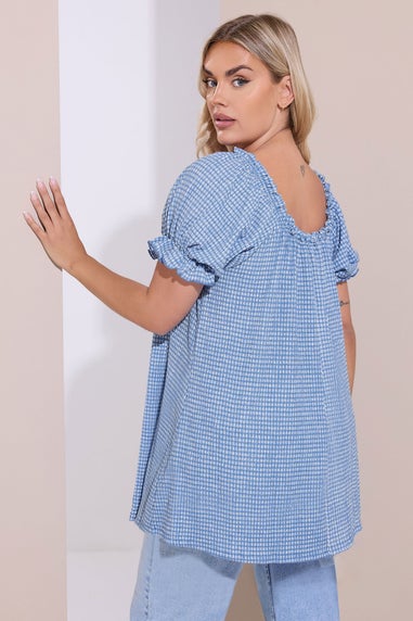 Yours Curve Blue & White Gingham Textured Frill Top
