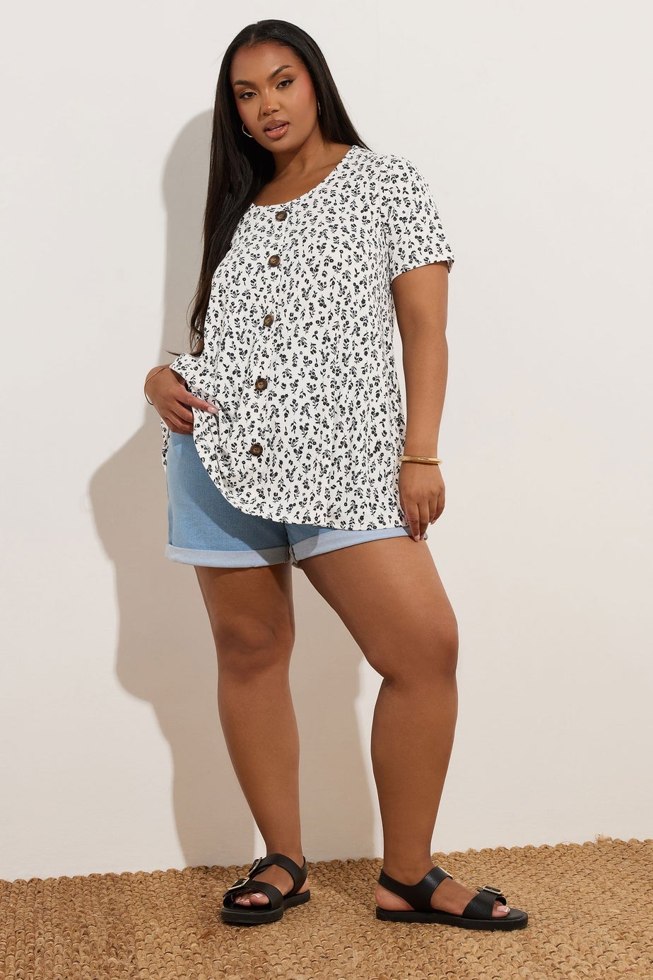 Yours Curve White Ditsy Floral Ribbed Swing T-Shirt