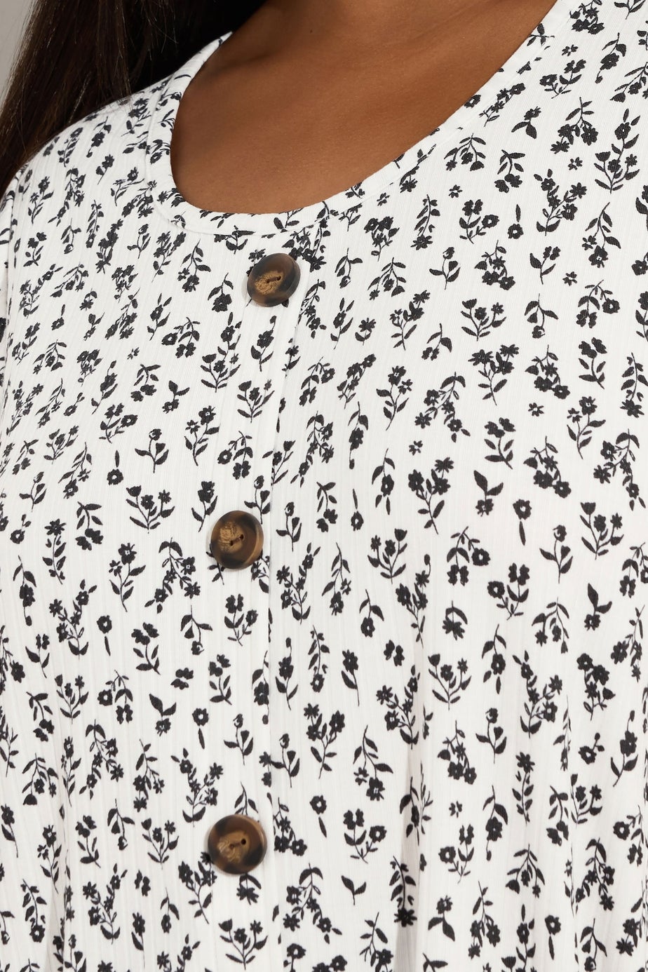 Yours Curve White Ditsy Floral Ribbed Swing T-Shirt