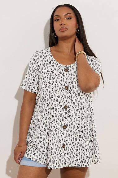 Yours Curve White Ditsy Floral Ribbed Swing T-Shirt