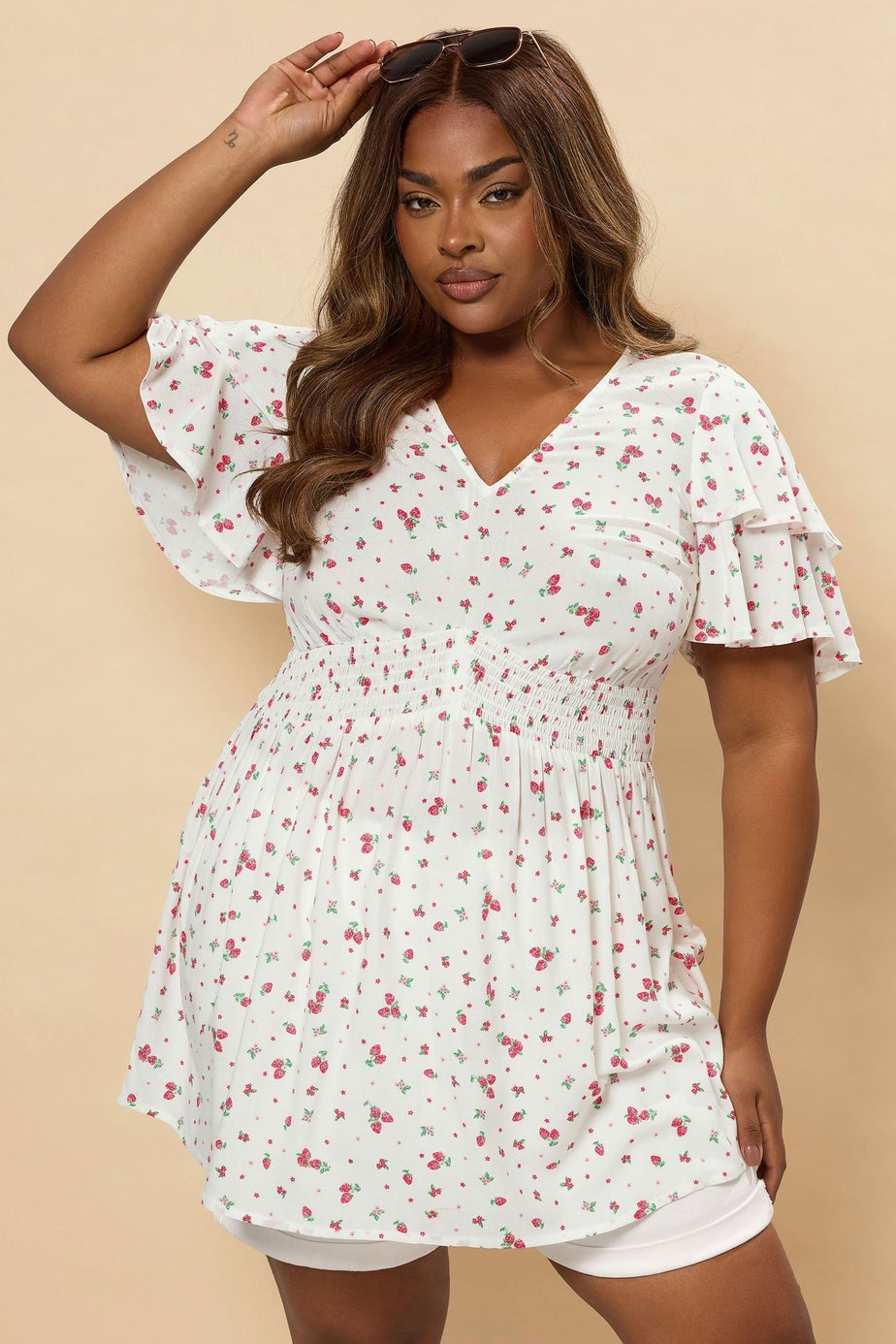 Yours Curve White Strawberry Print Peplum Top