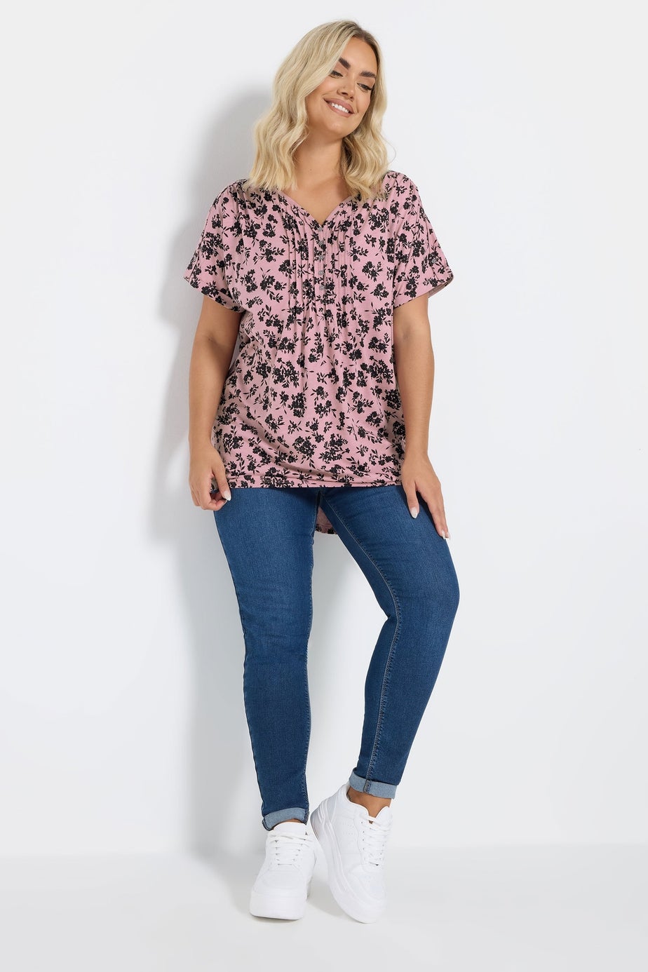 Yours Curve 2 Pack Pink & White Ditsy Floral Pintuck Henley Tops