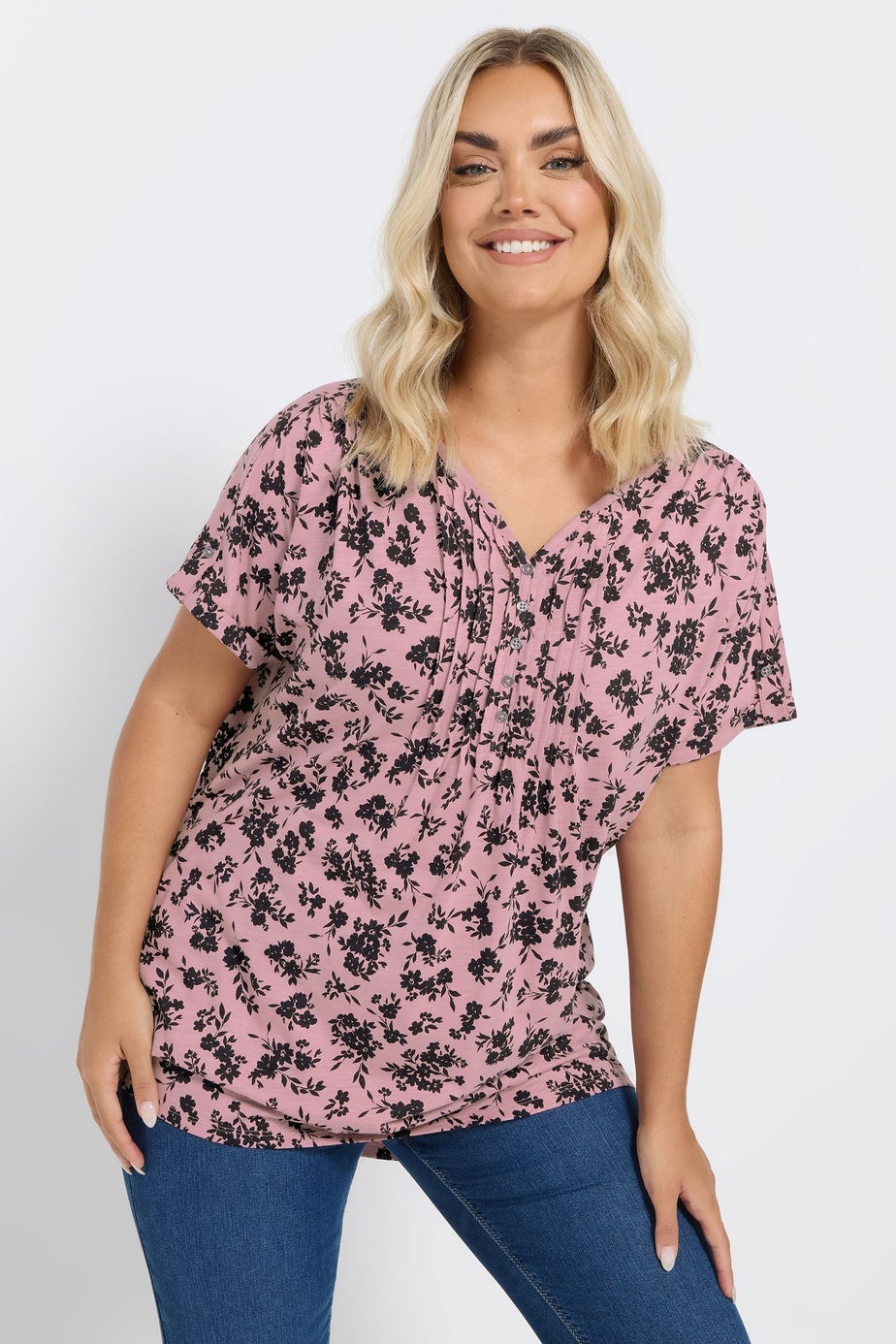 Yours Curve 2 Pack Pink & White Ditsy Floral Pintuck Henley Tops
