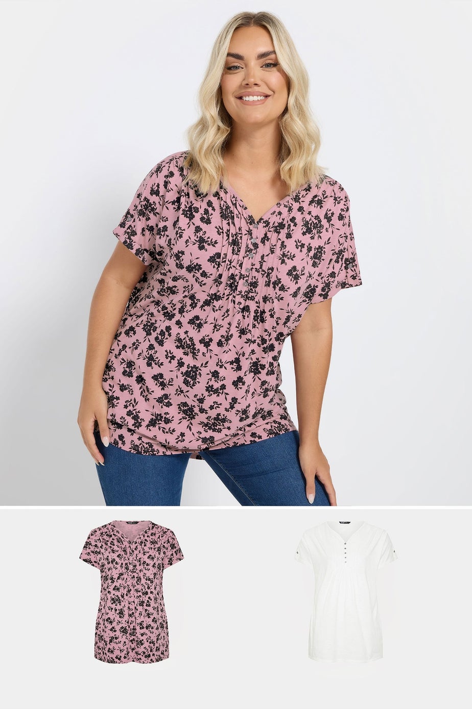 Yours Curve 2 Pack Pink & White Ditsy Floral Pintuck Henley Tops