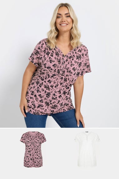 Yours Curve 2 Pack Pink & White Ditsy Floral Pintuck Henley Tops