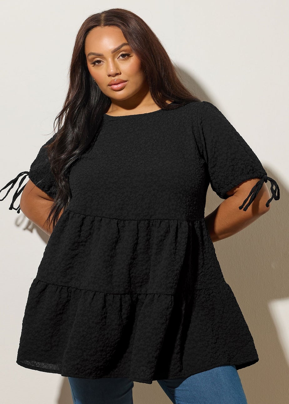 Yours Curve Black Textured Ditsy Tiered Smock Top