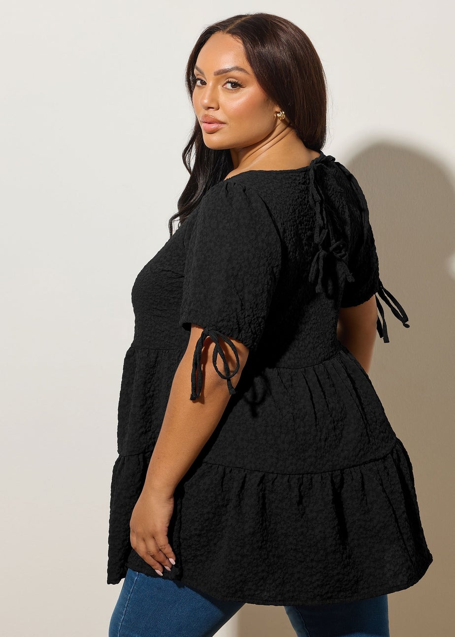 Yours Curve Black Textured Ditsy Tiered Smock Top