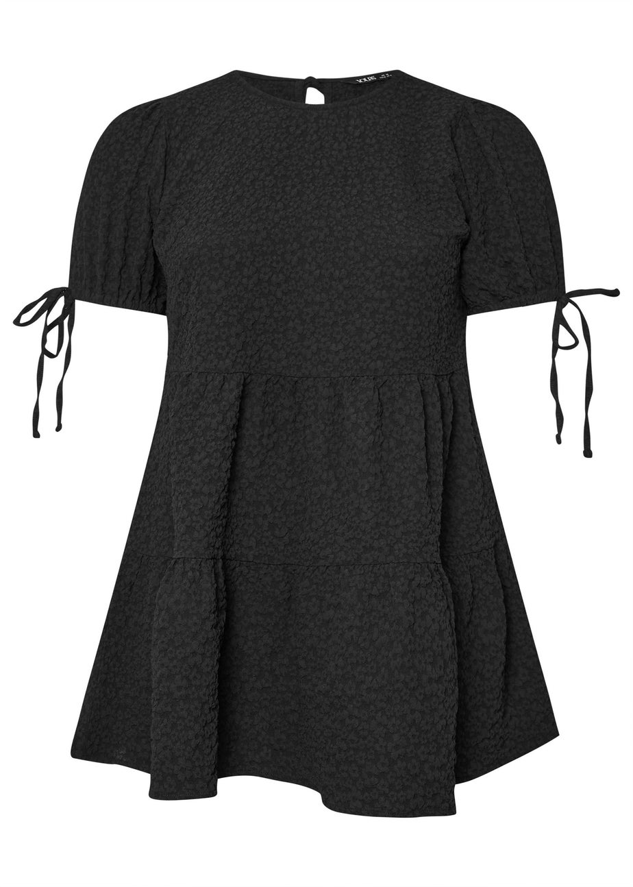 Yours Curve Black Textured Ditsy Tiered Smock Top