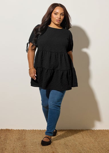 Yours Curve Black Textured Ditsy Tiered Smock Top