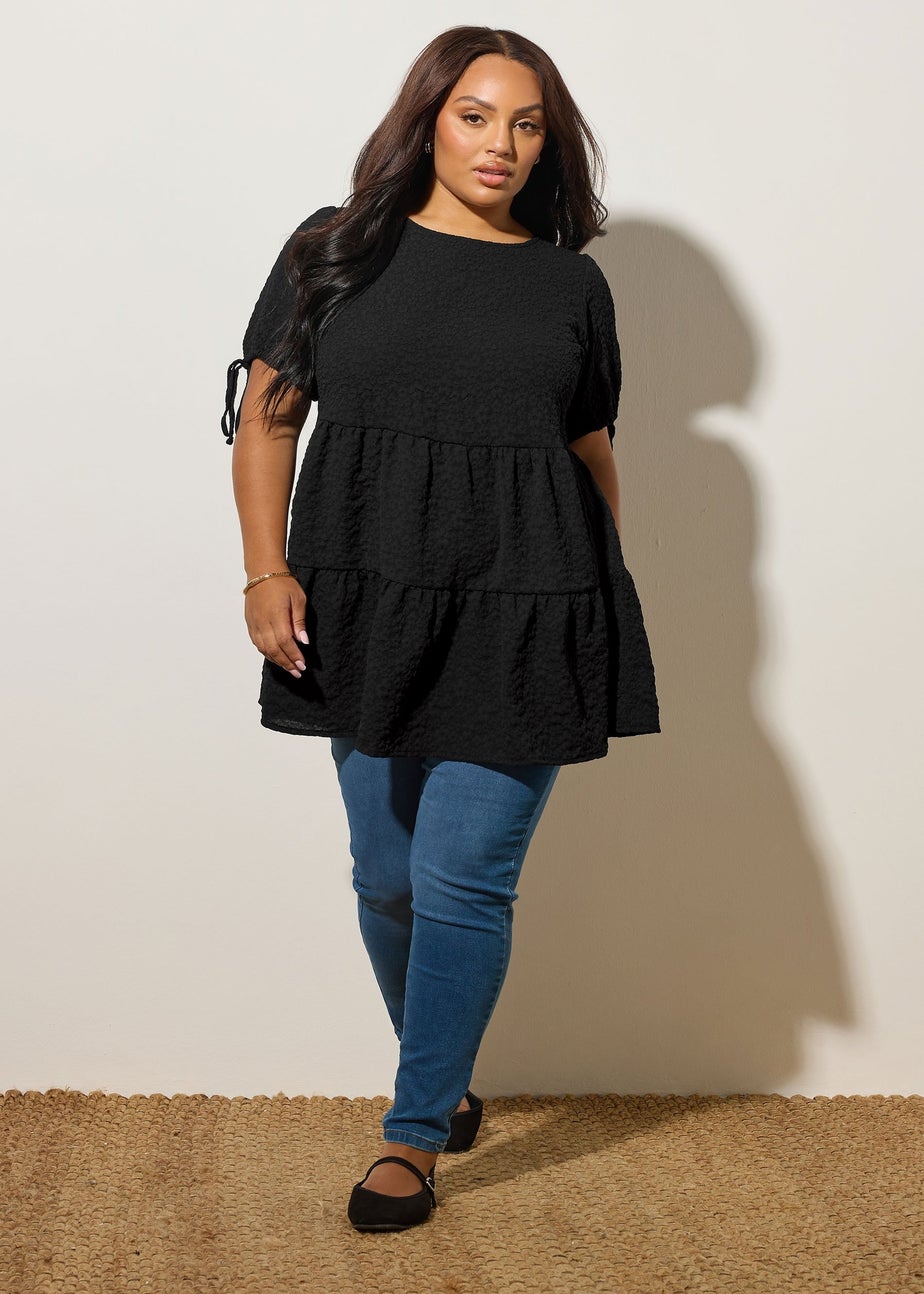 Yours Curve Black Textured Ditsy Tiered Smock Top