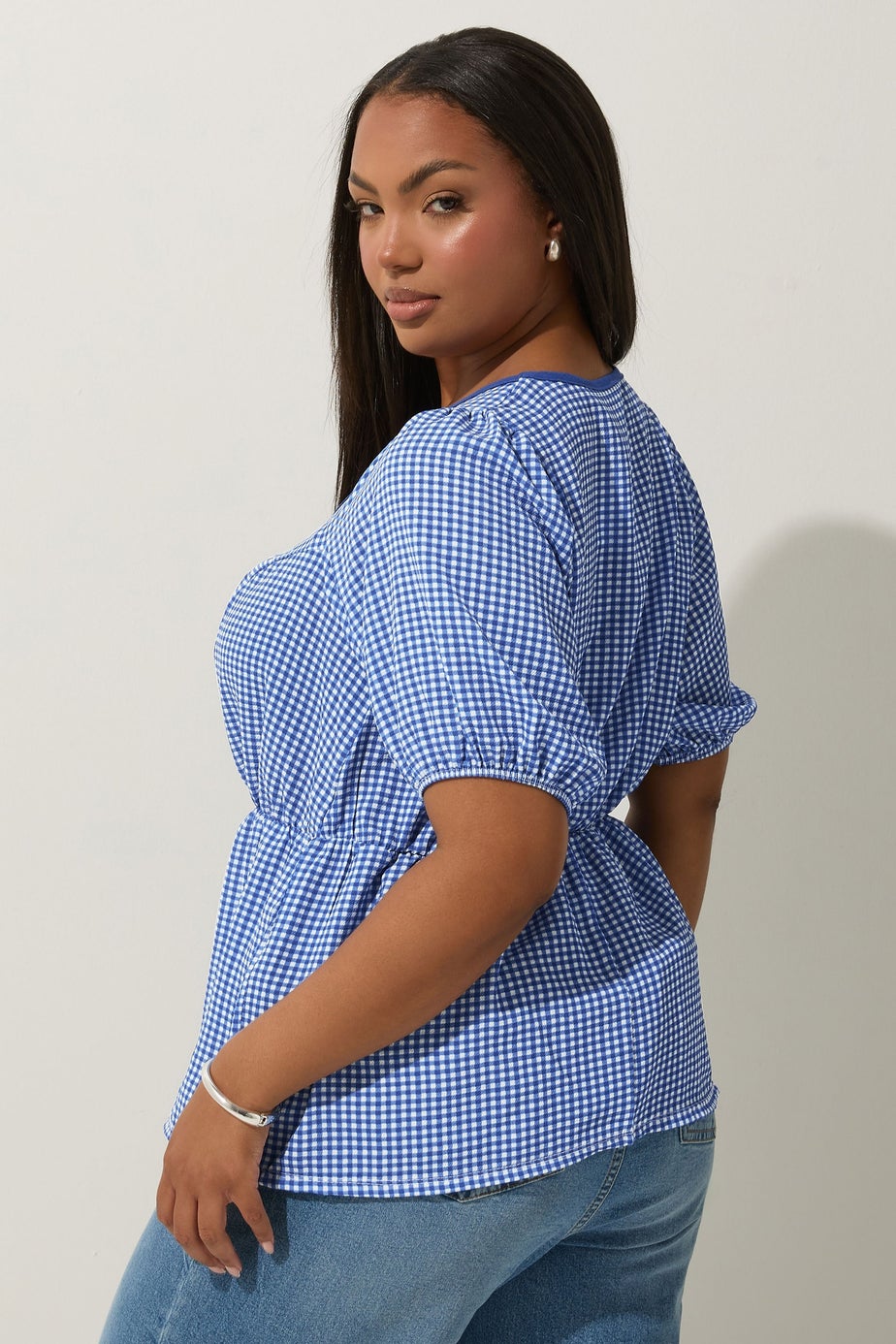 LIMITED COLLECTION Curve Cobalt Blue Gingham Bow Tie Front Top