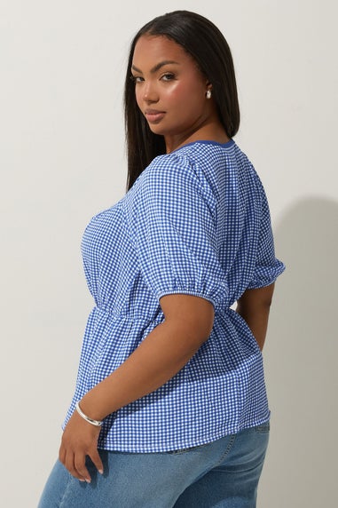 LIMITED COLLECTION Curve Cobalt Blue Gingham Bow Tie Front Top