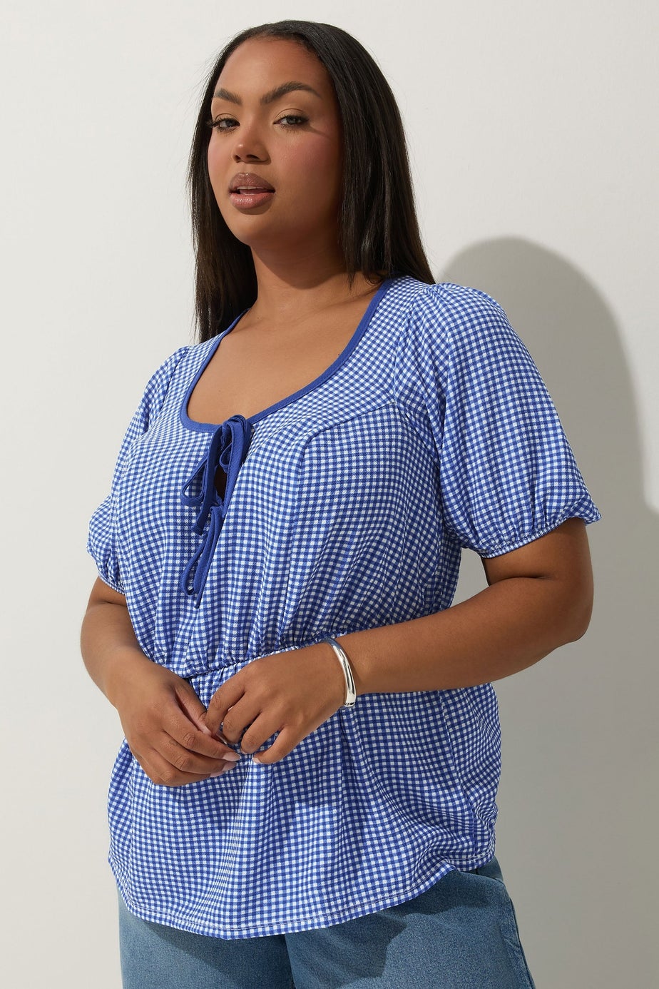 LIMITED COLLECTION Curve Cobalt Blue Gingham Bow Tie Front Top
