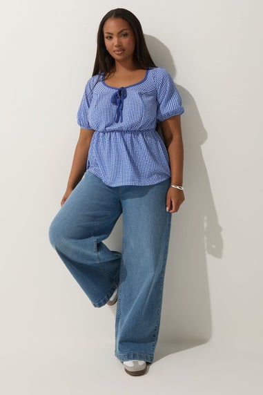 LIMITED COLLECTION Curve Cobalt Blue Gingham Bow Tie Front Top