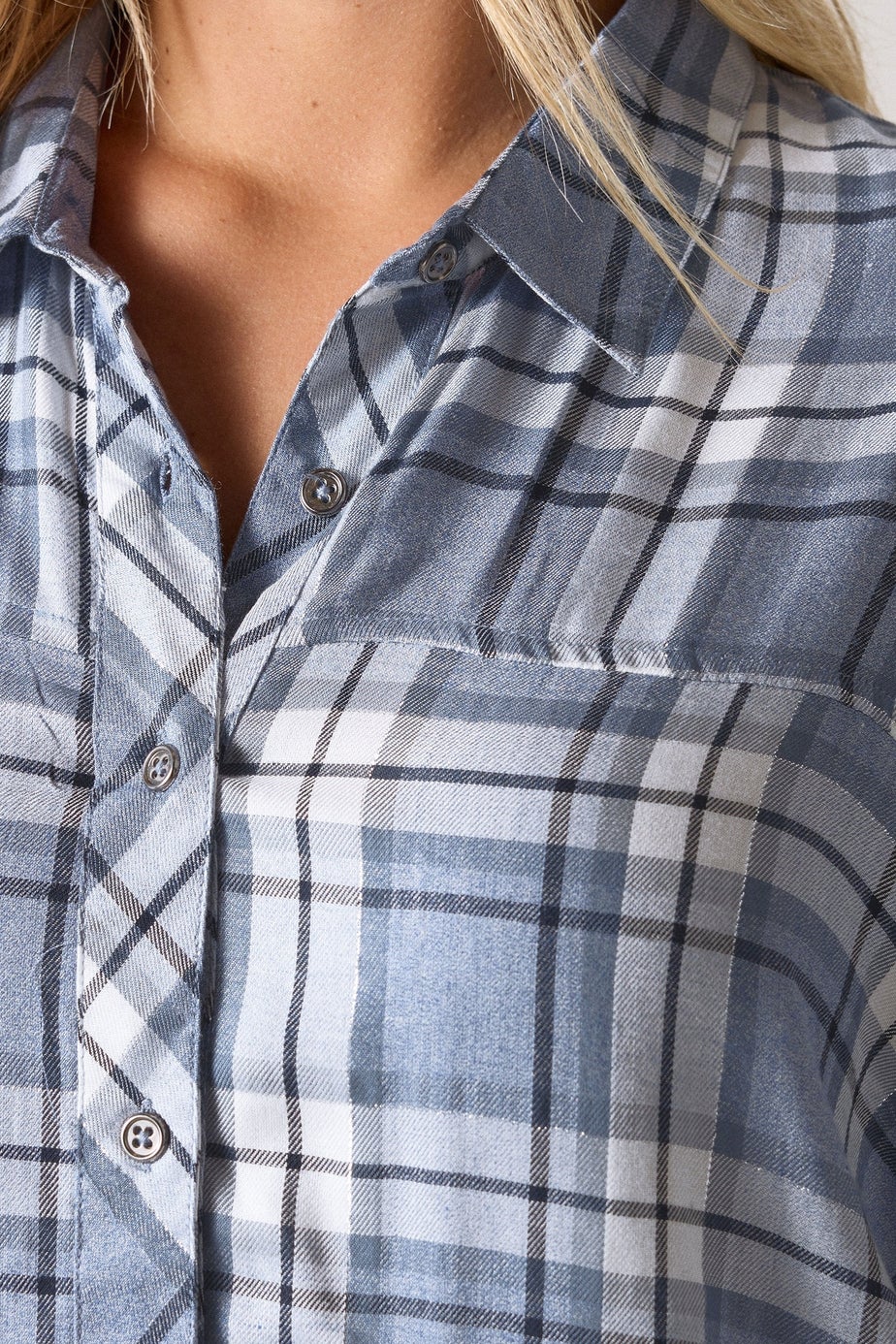 YOURS Curve Blue Metallic Check Print Shirt