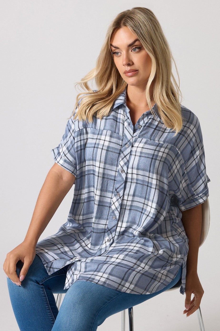 YOURS Curve Blue Metallic Check Print Shirt
