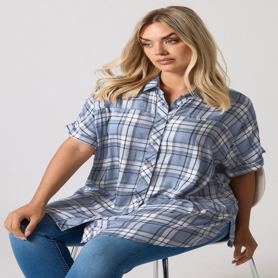 YOURS Curve Blue Metallic Check Print Shirt