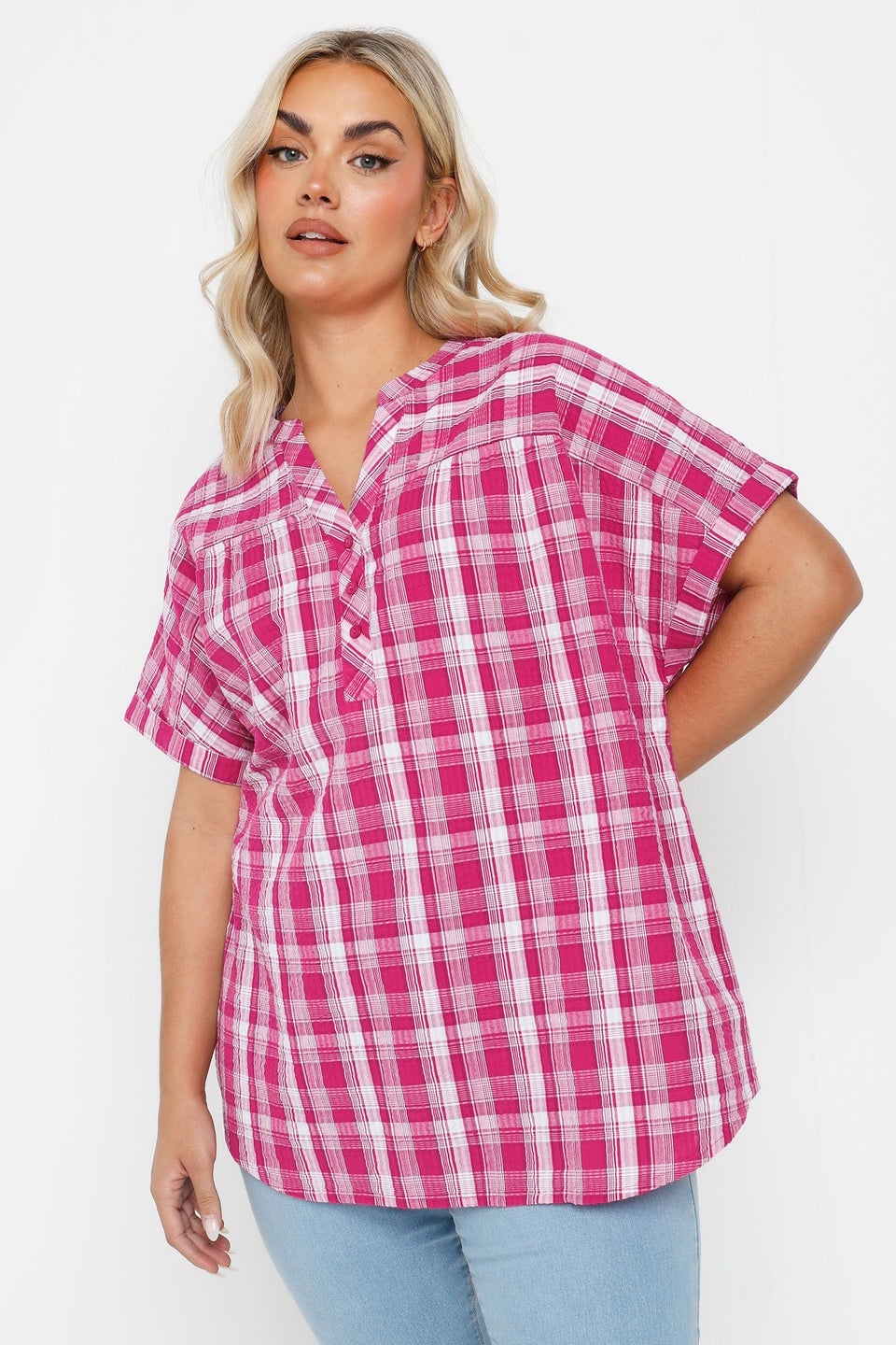 YOURS Curve Pink Check Print Textured Blouse