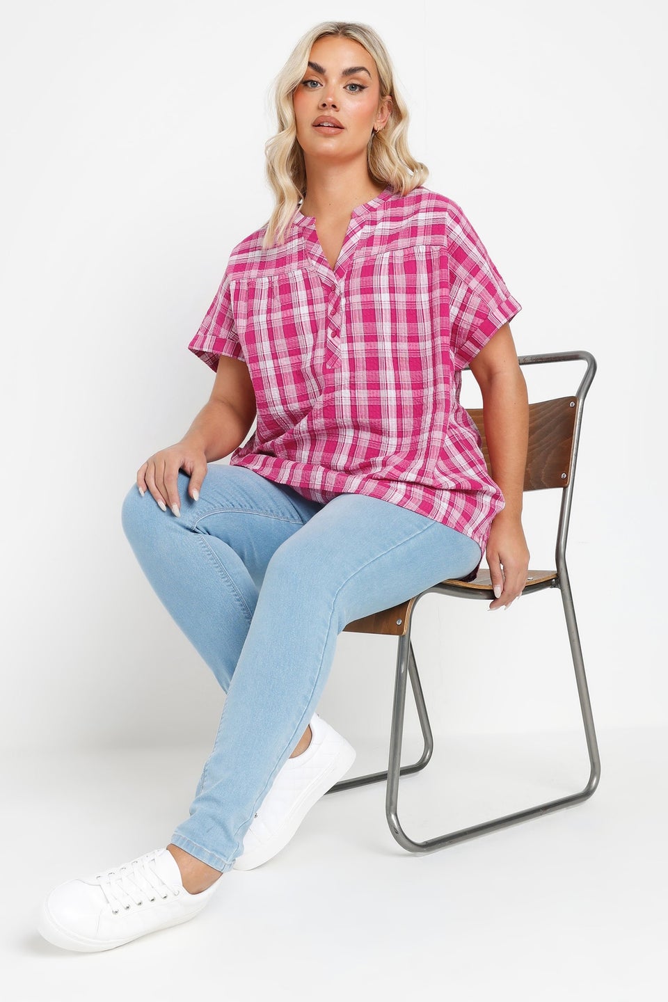 YOURS Curve Pink Check Print Textured Blouse
