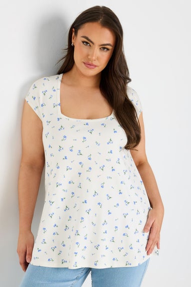 Yours Curve White Floral Square Neck Heavyweight Top