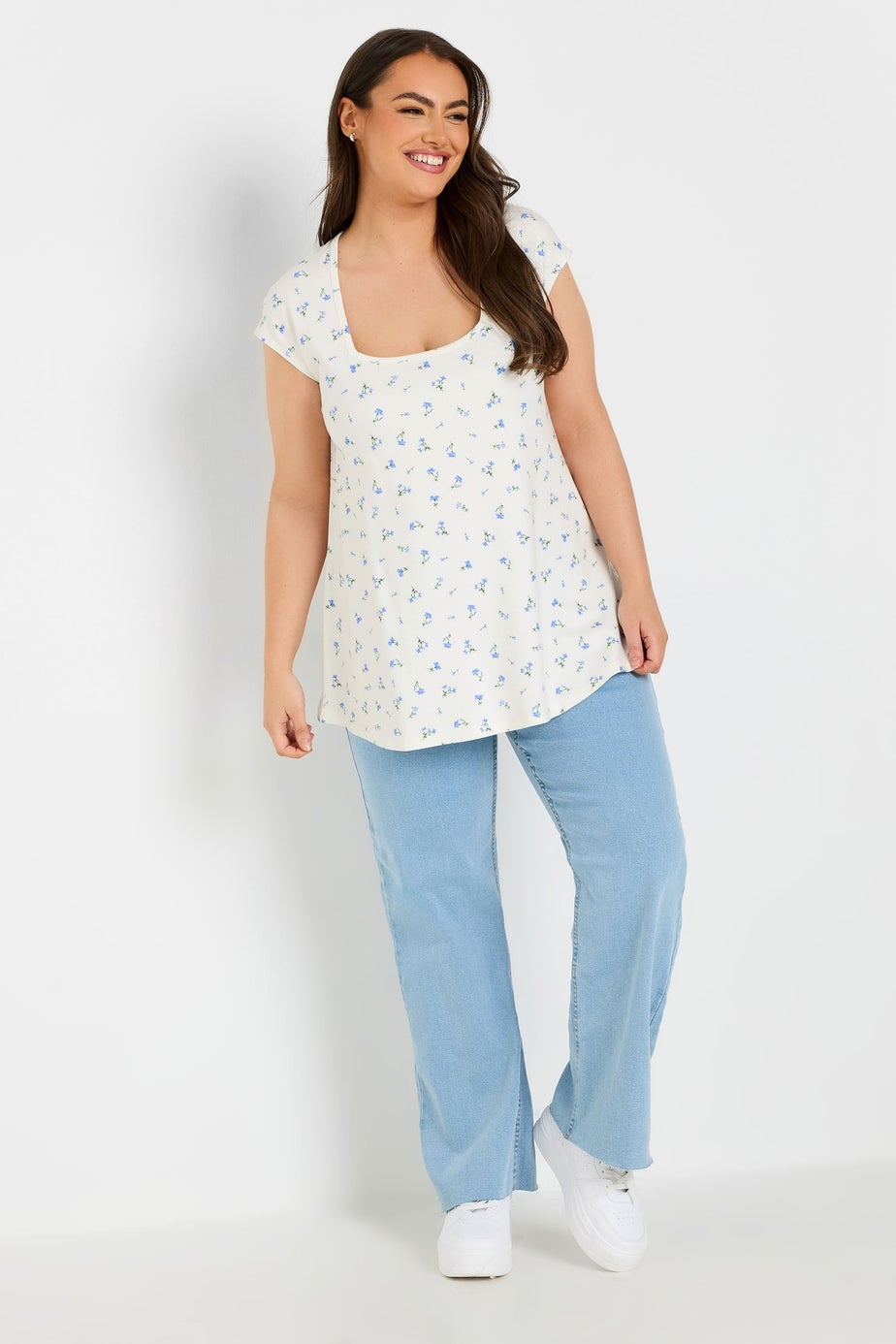 Yours Curve White Floral Square Neck Heavyweight Top