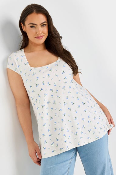 Yours Curve White Floral Square Neck Heavyweight Top