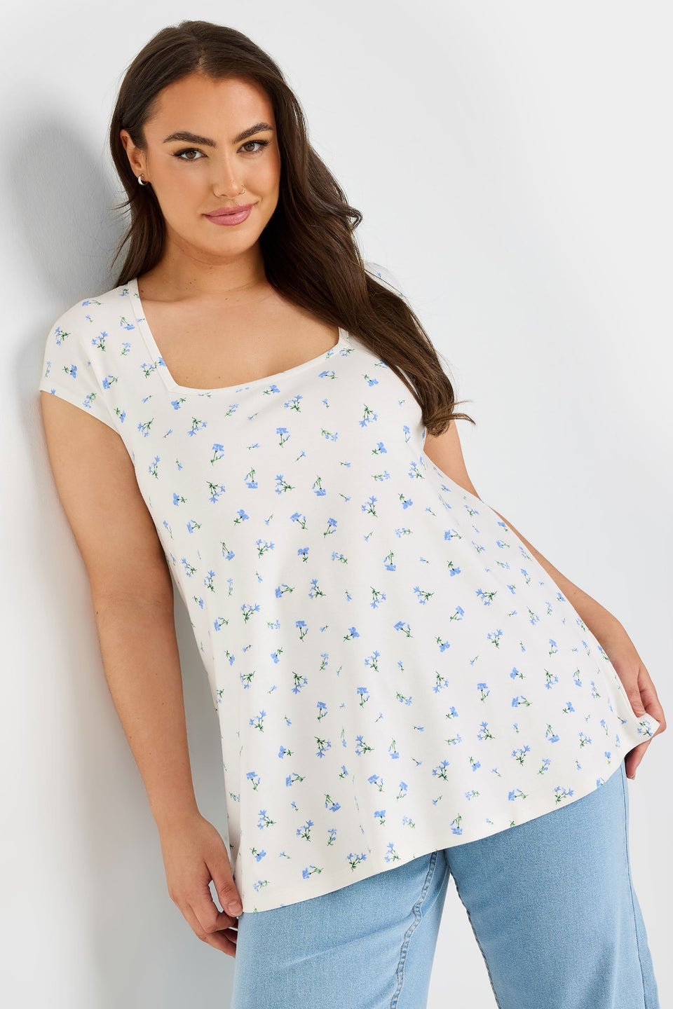 Yours Curve White Floral Square Neck Heavyweight Top