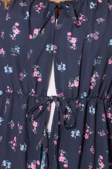 YOURS Curve Navy Blue Floral Print Tie Front Top