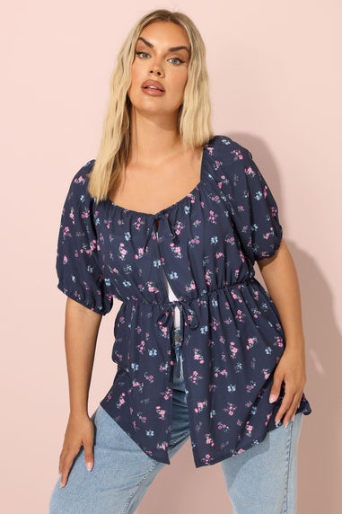 YOURS Curve Navy Blue Floral Print Tie Front Top