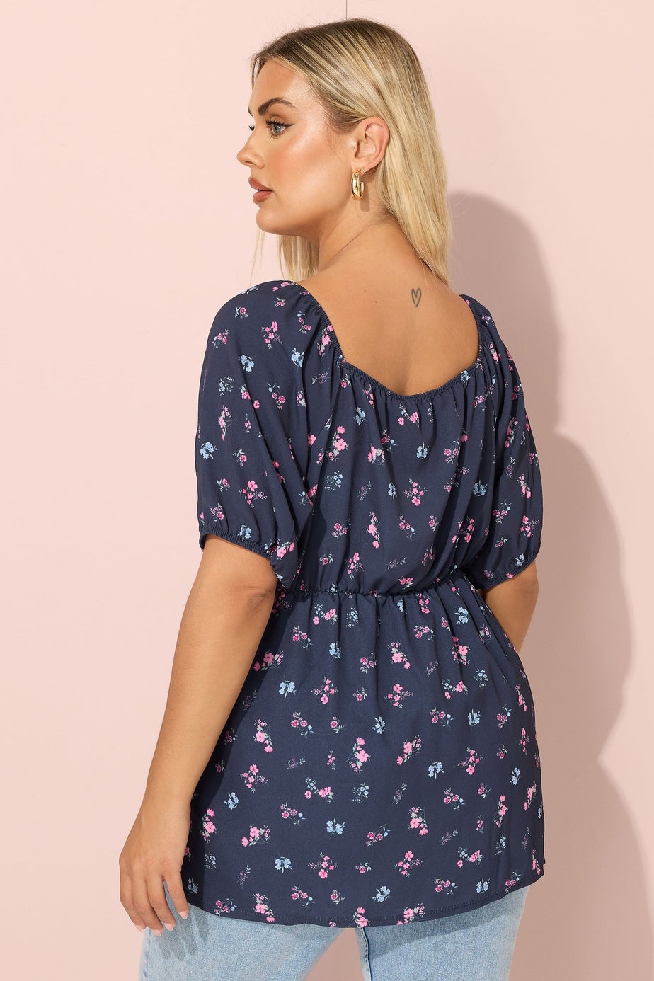 YOURS Curve Navy Blue Floral Print Tie Front Top