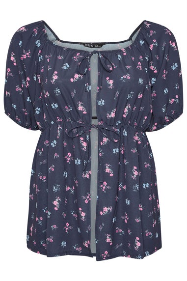 YOURS Curve Navy Blue Floral Print Tie Front Top