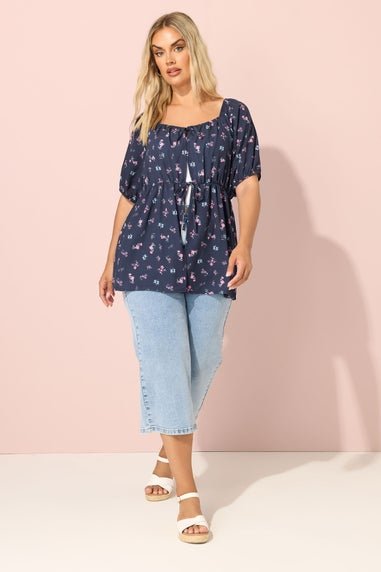 YOURS Curve Navy Blue Floral Print Tie Front Top