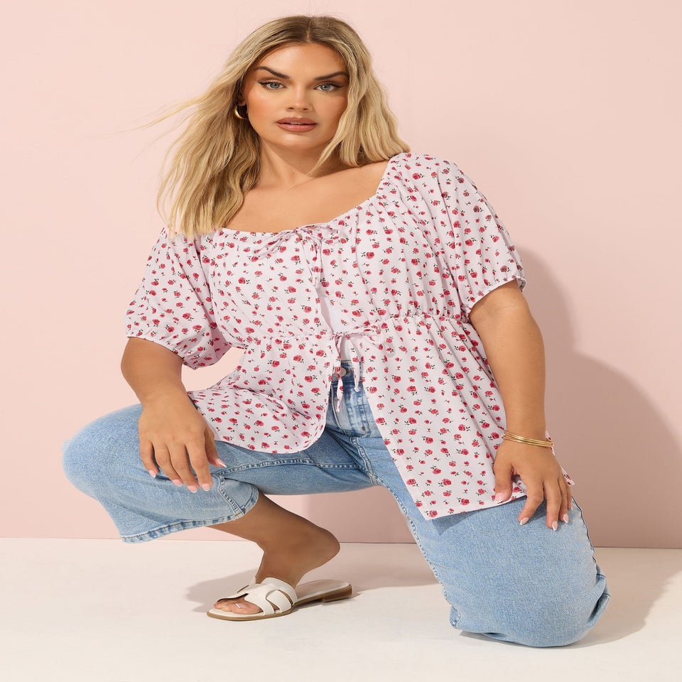 YOURS Curve Pink Floral Print Tie Front Top