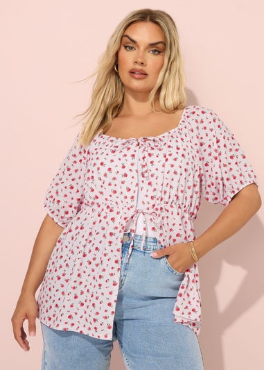 YOURS Curve Pink Floral Print Tie Front Top